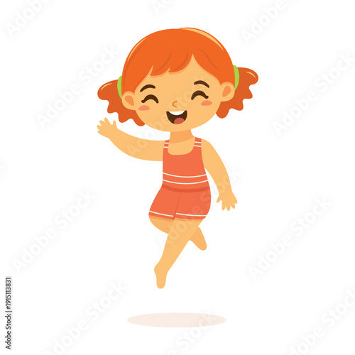 Cute and happy girl jump in bathing suits on white background. Poster, Banner, Flyer, Summer time. Vector illustration in flat cartoon style