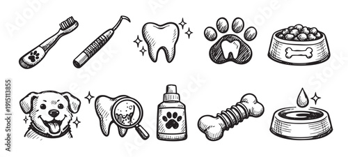 Black and white doodle illustrations of dog health, grooming, and care. Includes dental care, food, water, toys, and a happy dog. Useful for pet businesses.