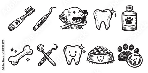 Set of hand-drawn doodles showing pet dental care items, dog brushing teeth, healthy teeth, and food. Great for pet health or veterinary designs.