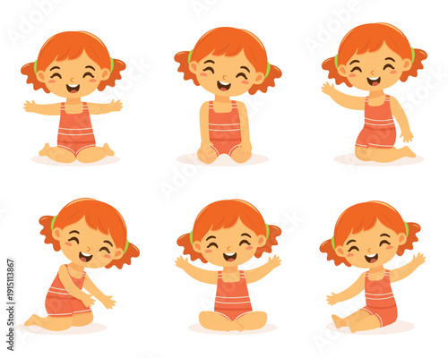 Set of cute and happy girl sits in bathing suits in different poses on white background. Poster, Banner, Flyer, Summer time. Vector illustration in flat cartoon style
