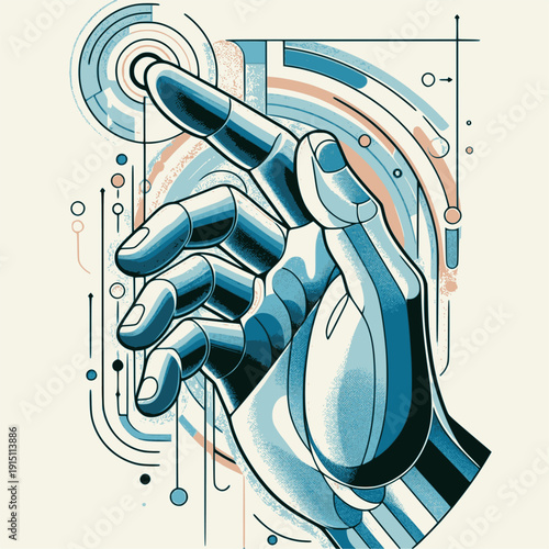 Conceptual technical illustration of a robotic bionic hand interacting with a digital interface