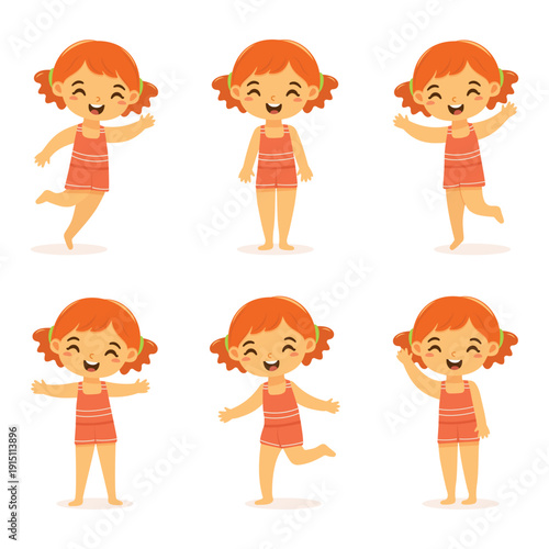 Set of cute and happy girl stays and runs in bathing suits  in different poses on white background. Poster, Banner, Flyer, Summer time. Vector illustration in flat cartoon style