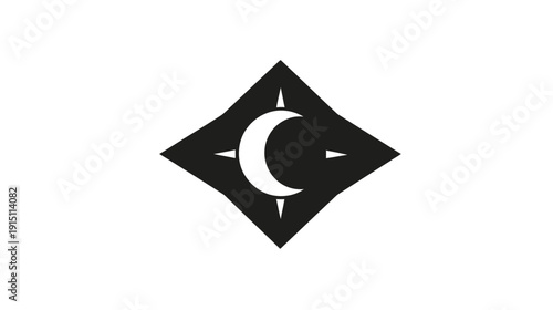 A geometric emblem with a crescent moon at the center of a diamond-like shape