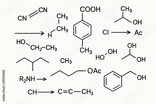 Flat Vector Organic Chemistry Reaction Schemes and Molecular Structures Set – Chemical Equations and Formulas Illustration