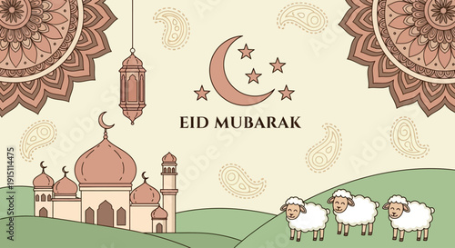 Celebrating Eid Mubarak with mosque, sheep, crescent moon, stars, and lanterns in a serene landscape illustration