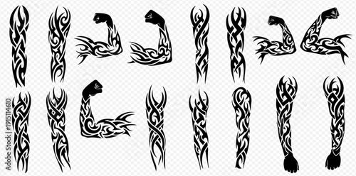 Set of tribal tattoo designs for full arm and bicep sleeves, featuring intricate patterns and abstract shapes, isolated on a transparent background.