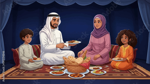 Family gathering for a meal together on a patterned rug in a cozy, curtained room, sharing food and bonding