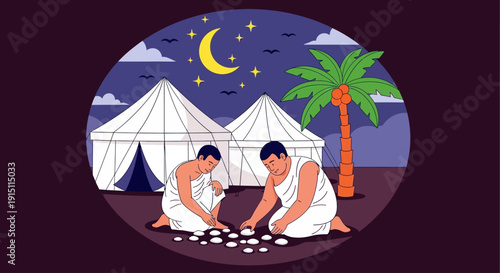 Two men playing a board game in a desert tent camp under a starry night sky