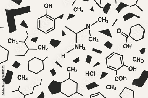 Chaotic Scatter of Organic Chemistry Fragments and Functional Groups – Abstract Molecular Mess Illustration