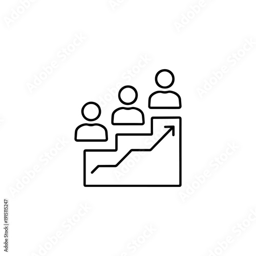 Team growth and human resources progress chart outline vector icon
Professional vector illustration of a rising step chart with person silhouettes designed for corporate team development 