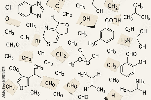Seamless chemistry pattern with organic molecular structures and chemical formulas on light background, science wallpaper for laboratory research and education.