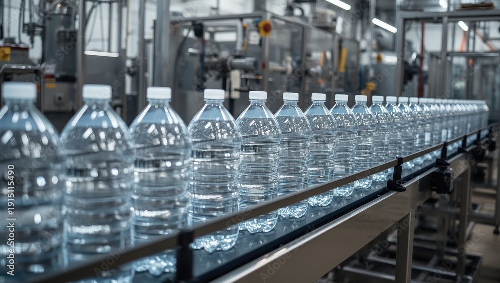 Naklejka premium Vacant plastic containers on conveyor machinery in a water production facility