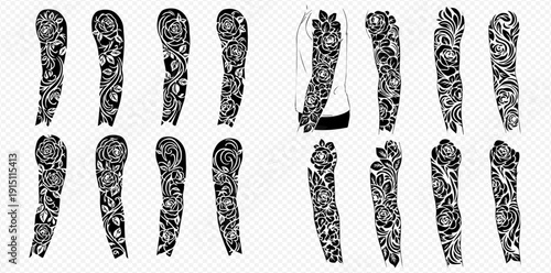 Set of black and white tattoo sleeves with intricate floral and abstract patterns for body art designs.