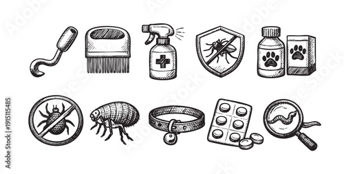 Black and white sketch style icons representing pet health concerns: fleas, worms, prevention, and treatment. Ideal for veterinary clinics, pet product companies or blogs about pet care.
