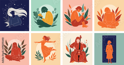 Contemporary Abstract Women Activities Set with Reading Meditation Dance and Music Vector Illustration Collection