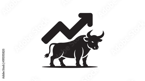 Bull silhouette with rising arrow in minimalist style, black and white, simple vector graphic for financial growth