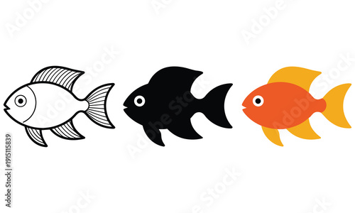 Simple illustration of three fish in different styles side by side on a white background, showcasing varying design elements and visual appeal.