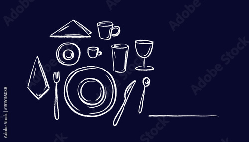 Plate, fork, spoon and knife, wine. Chalk template