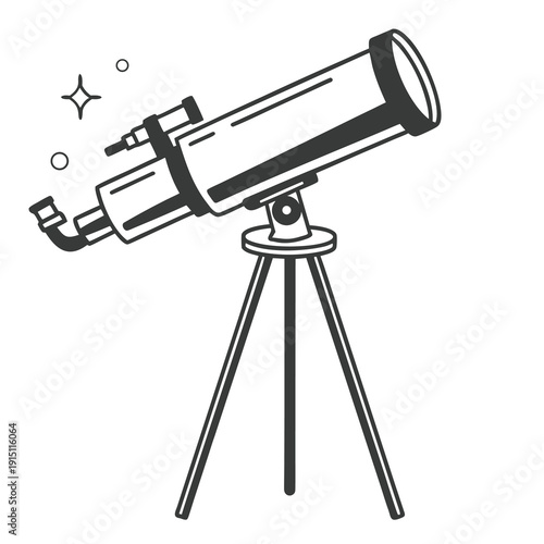Professional black digital telescope and camera equipment with a lens on a metal tripod stand isolated on a white background for astronomy photography