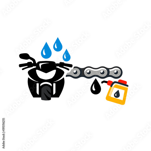 Motorcycle chain lubrication and washing icon with bike, water drops and oil bottle, representing motorbike maintenance, cleaning and service concept.