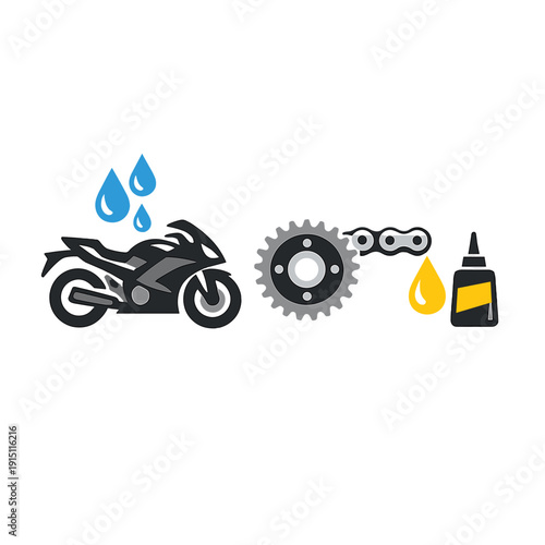 Motorcycle maintenance icon set with bike, water drops, gear, chain and oil bottle, representing cleaning, lubrication and motorbike service concept.
