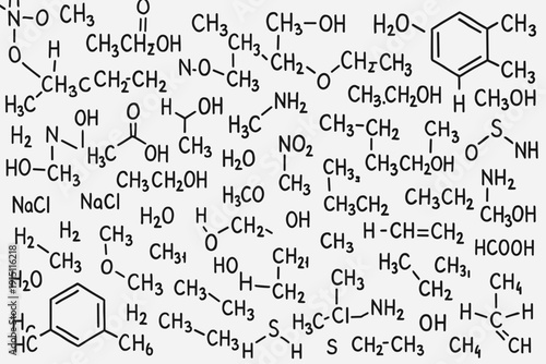 Seamless pattern with chemical formulas and molecular structures, science background for chemistry, laboratory research, education and pharmaceutical design.
