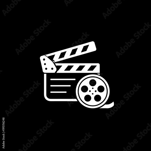 Film clapperboard and movie reel icon in flat black and white style, cinema production symbol for filmmaking, video creation and media industry concept.