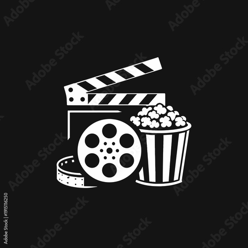 Cinema icon set with clapperboard, film reel and popcorn bucket in black and white style. Movie night entertainment concept isolated on dark background.