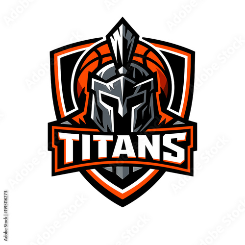 Titans basketball team logo with Spartan helmet and shield badge. Bold orange and black sports emblem with strong typography for club branding and mascot identity.