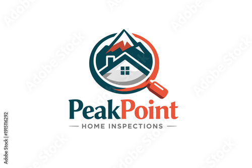 PeakPoint Home Inspections logo with mountain, house and magnifying glass. Professional real estate inspection branding in modern blue and orange vector style.