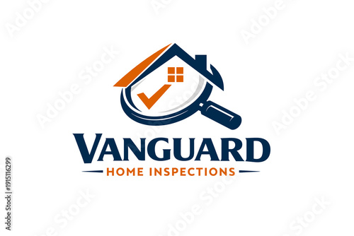 Vanguard Home Inspections logo with house roof, magnifying glass and check mark. Professional property inspection branding in blue and orange vector style.