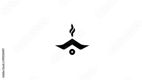 A black, stylized flame rises above a graphic geometric form, set on a white background