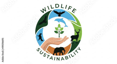 Wildlife conservation and sustainability logo with hand holding plant animals and eco friendly symbols