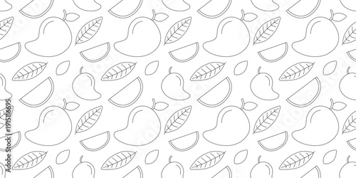 mango fruit seamless pattern line design tropical background. sweet exotic food illustration for packaging, textile, wallpaper, or summer design. simple vector. pattern with white background 