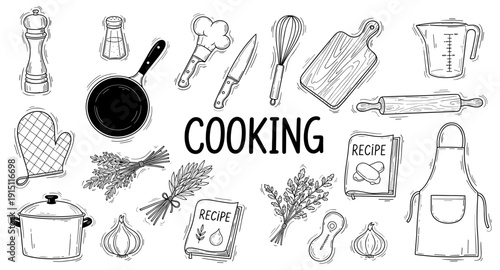 Collection of hand-drawn kitchen utensils and ingredients for cooking and baking