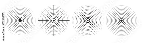Set of black rings with sound waves, interrupted lines and dots. Sonar rings with radial lines. Radar icon, target, epicenter.  Pulsating signal. Vector concentric vortex circles.