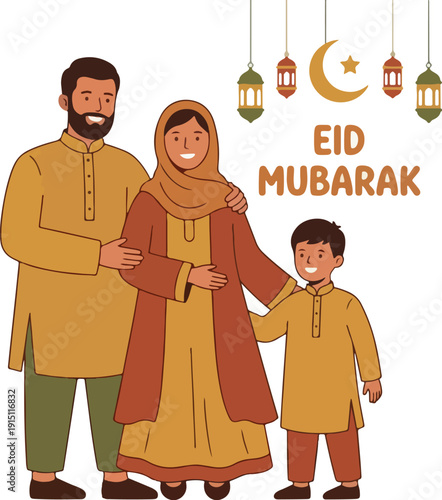 Happy Muslim family celebrating Eid al-Fitr with hugs and joy, vector illustration