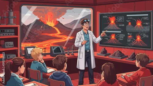 Volcanology Lesson Scientist Teaching Students About Volcanoes in Classroom.
