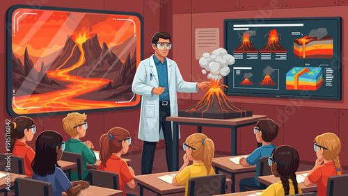 Volcano Science Lesson Teacher Explains Eruption to Students.