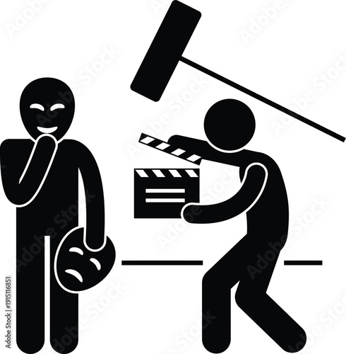 Film set production with actor and clapperboard pictogram silhouette icon