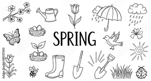 Collection of hand-drawn spring icons including flowers, birds, and gardening tools
