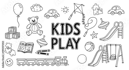 Collection of hand-drawn children's toys and activities for endless fun and creativity