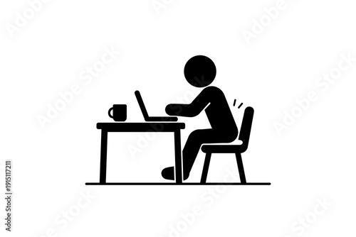 Office worker sitting at desk with laptop and back pain sign. Ergonomics and sedentary lifestyle concept in flat black silhouette isolated on light background.