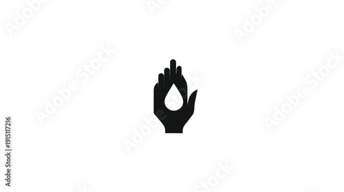 A silhouette of a hand cupping a water droplet against a white background