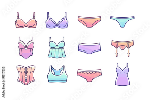 Cute Lingerie and Underwear Collection – Bras, Panties, Corset, Babydoll and Garter Set, Pastel Feminine Icons