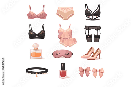 Set of women fashion and lingerie icons including bras, panties, garter belt, perfume, heels and accessories. Flat vector collection isolated on light background.