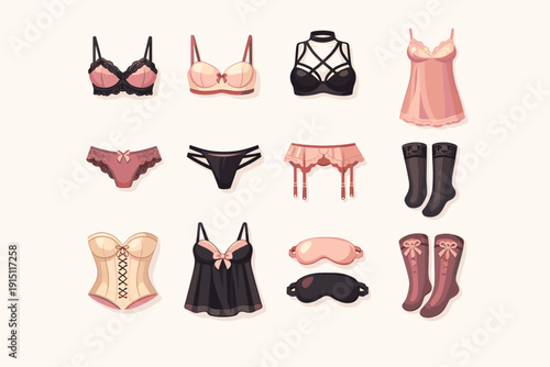 Set of women lingerie icons including bras, panties, corset, garter belt and stockings. Flat vector collection isolated on light background for fashion design use.