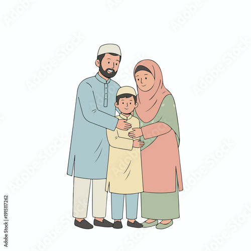 Happy Muslim family celebrating Eid al-Fitr with hugs and joy, vector illustration