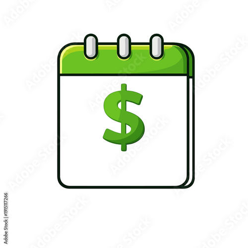 Flat calendar icon with green dollar sign symbol. Finance and payment reminder concept in modern vector style isolated on light background for business and app design.
