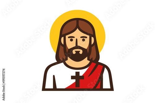 Flat icon of Jesus Christ with golden halo and cross on robe. Christian religious symbol in modern vector style isolated on light background for church and faith design.